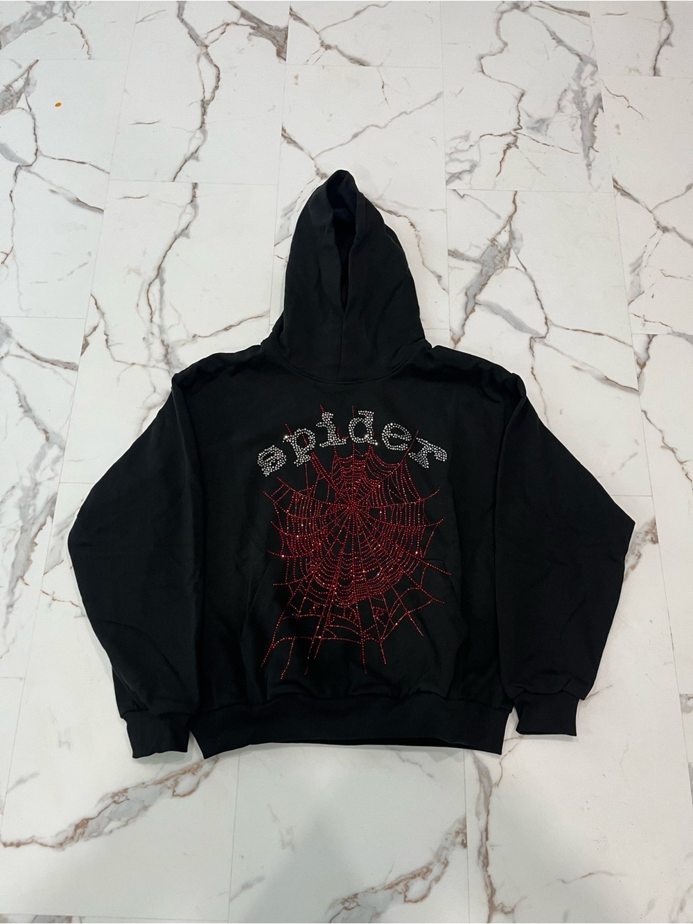 Black Crewneck Hoodie with Red Spiderweb Graphic - Men